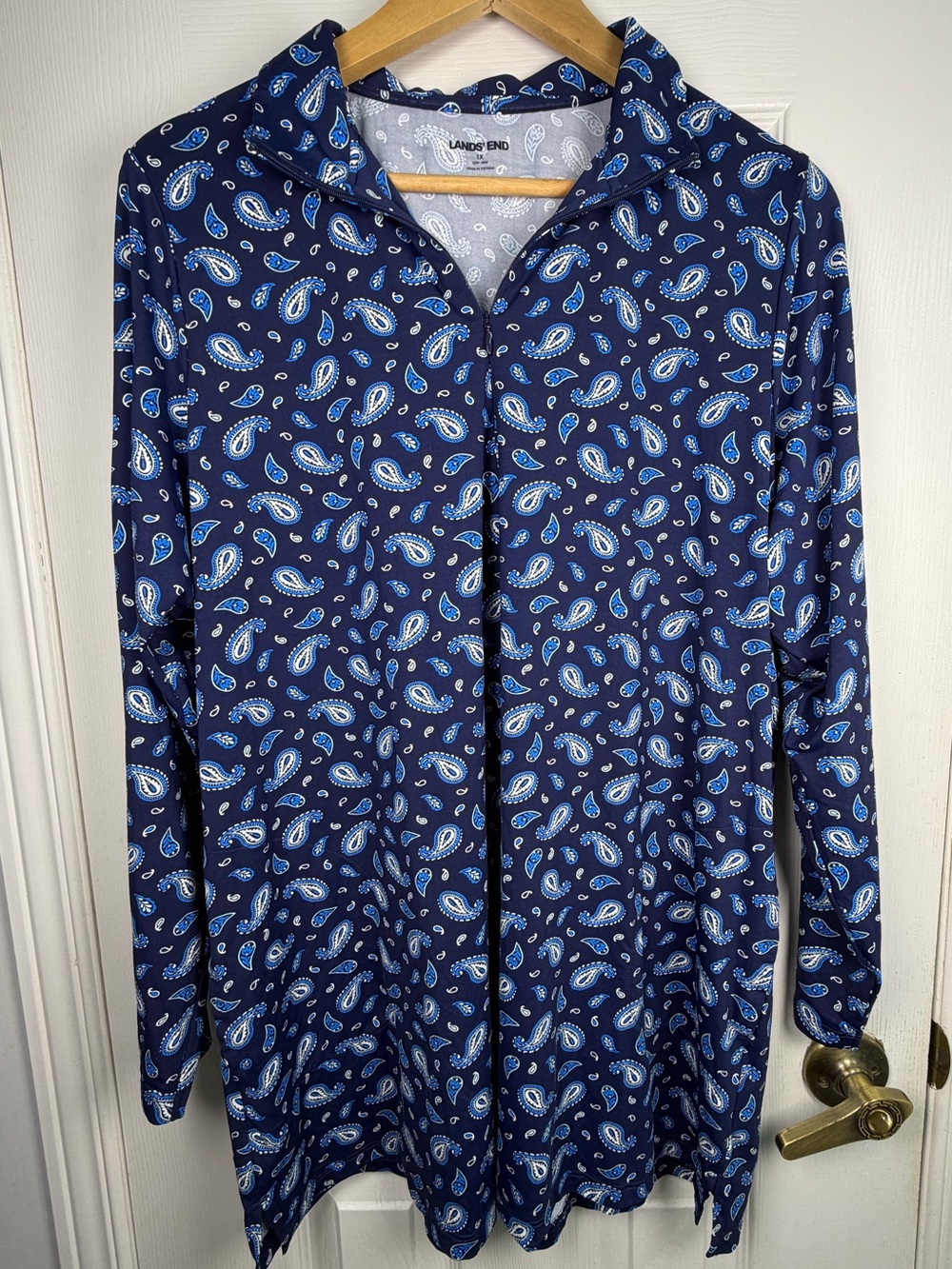 Lands' End Women Plus Size 1X Quarter Zip Rash Guard Navy Paisley UPF Swim Shirt